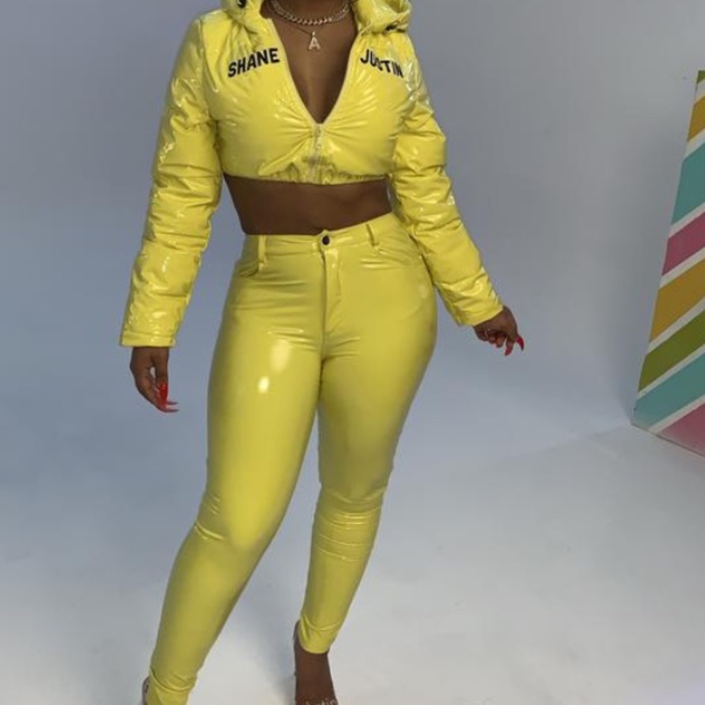 Two piece neon yellow latex set